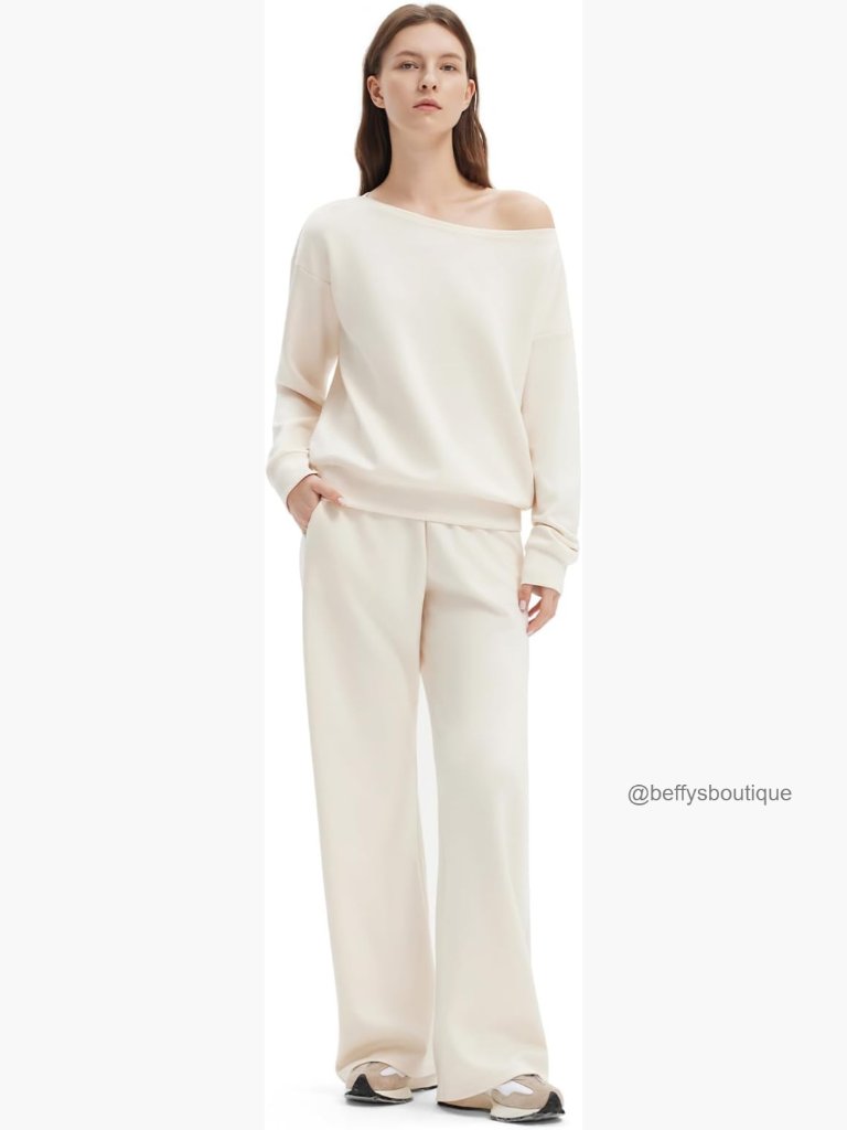 Modal Polyester Spandex Lounge Set Off Shoulder Sweatshirt Wide Leg Pants